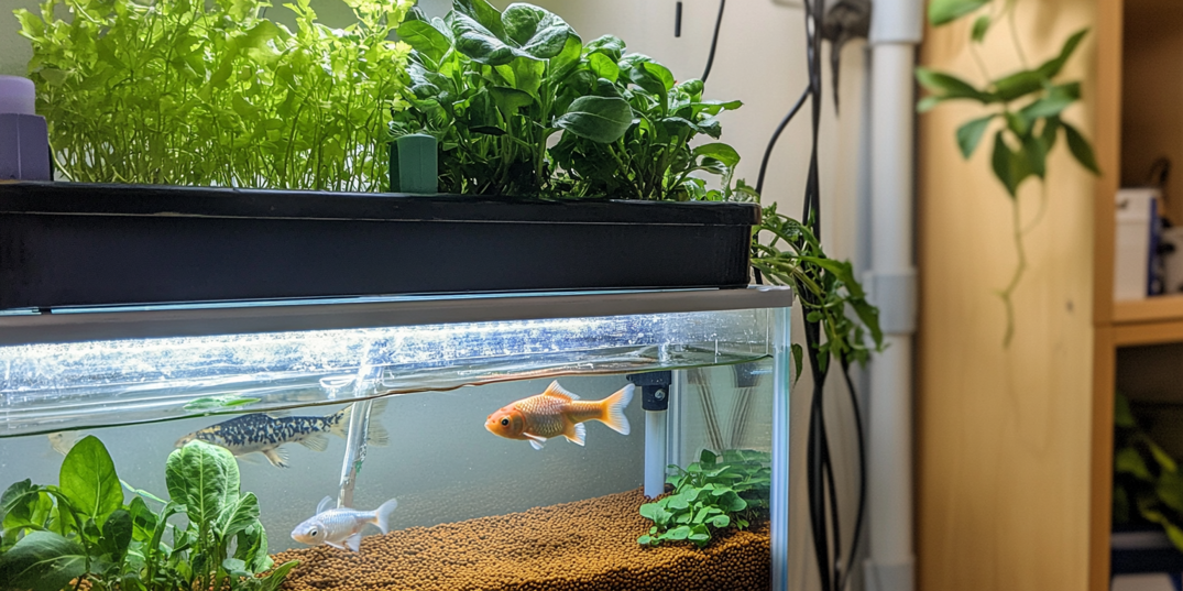 Aquaponiksystem med sallad som växer ovanför en fisktank