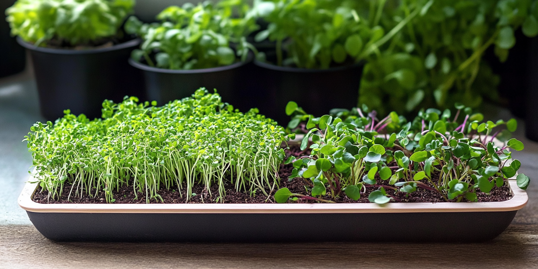 Närbild på olika sorters färgglada microgreens som växer i odlingstråg