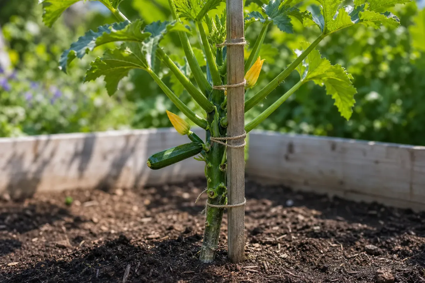 Squashplanta som binds upp mot en lodrät stör i ett odlingsland