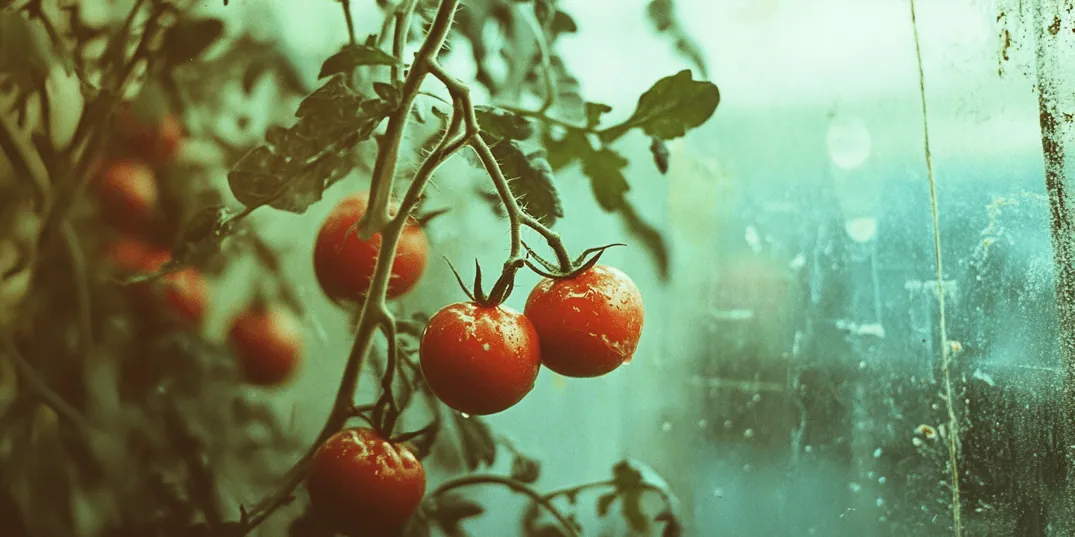 Högväxande tomatplanta uppbunden i ett växthus